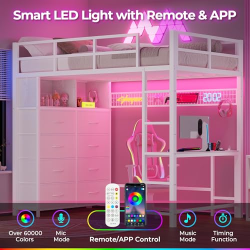 ADORNEVE Twin Size Loft Bed with Desk, LED Lights & Charging Station, White N63088