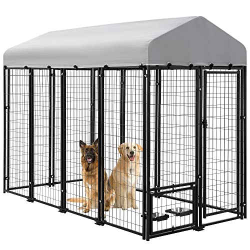 AHB Large Dog Kennel Outdoor Dog House, Heavy Duty Welded Wire Steel Fence Dog Cage with Waterproof UV-Resistant Cover, Feeding Door and Secure Lock (8x4x6 ft)