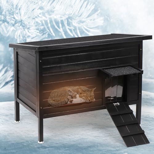 Outdoor Cat House Weatherproof, with Insulated All-Round Foam Wooden Cat Shelter for Winter Outside, with Escape Door/PVC doorstrip/Adjustable Foot Pads. Large Size 34.2" L*21.2" W*26.7" H