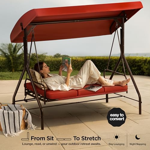 Burgundy 3-Seat Porch Swing with Canopy and Cushions O874281