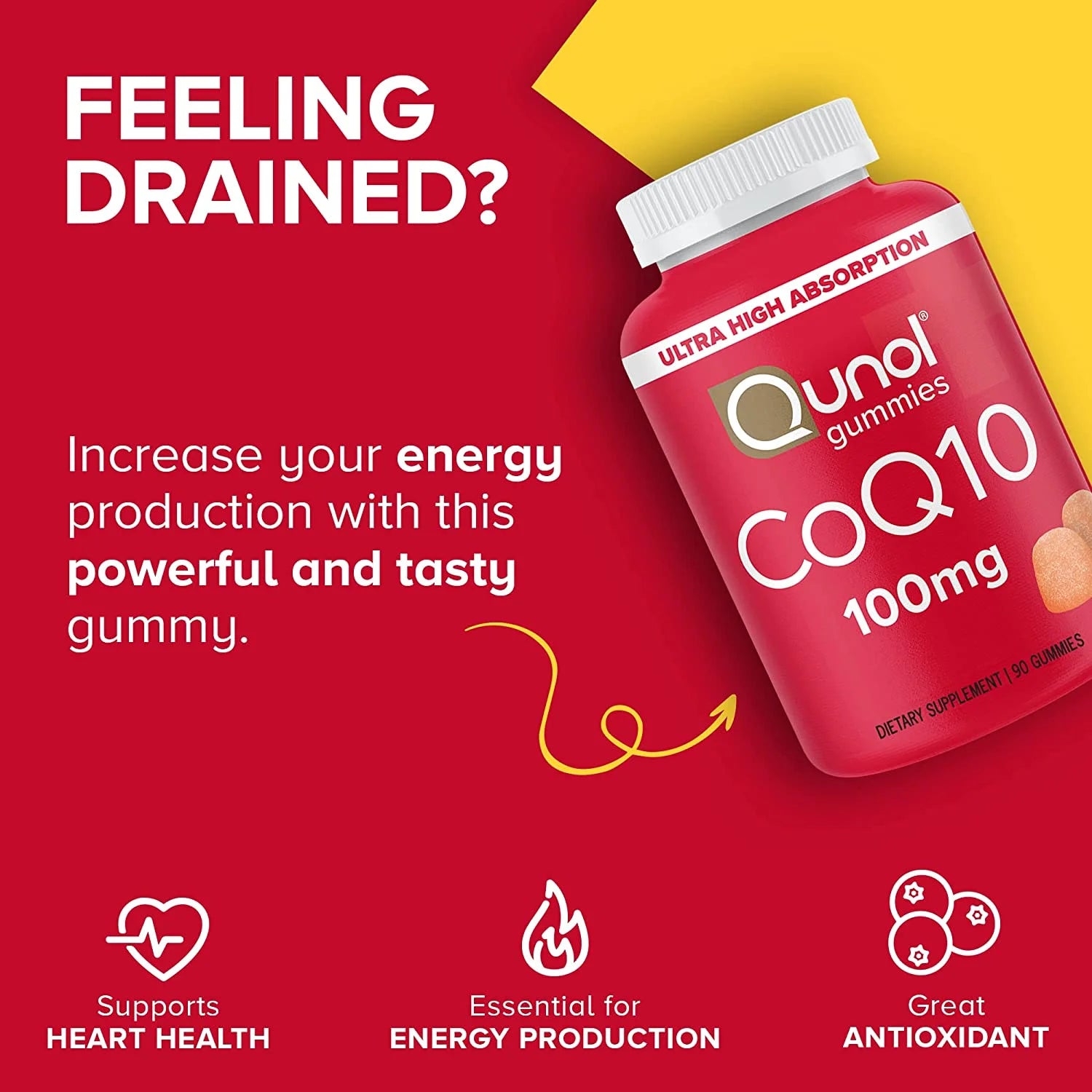 Qunol CoQ10 Gummies, 100mg, Vegan, Gluten Free, 90 Count X91430