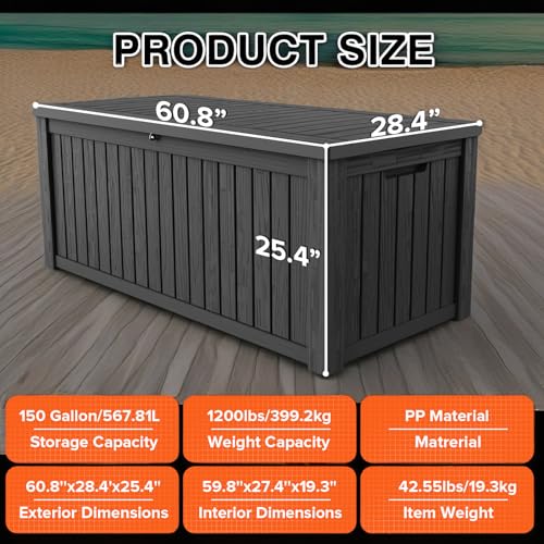 260 Gallon UV Resistant Outdoor Storage Box, Lockable Resin Deck Box, Gray E1034