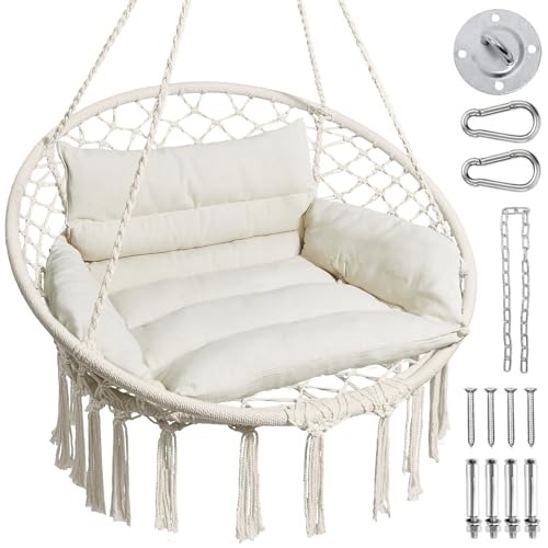 Greenstell Hammock Chair, Macrame Swing Chair with Cushion, Indoor & Outdoor, Beige G7957