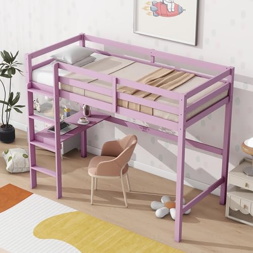 Twin Size Low Loft Bed with Ladder and Safety Guardrail, Solid Wood, White D5235