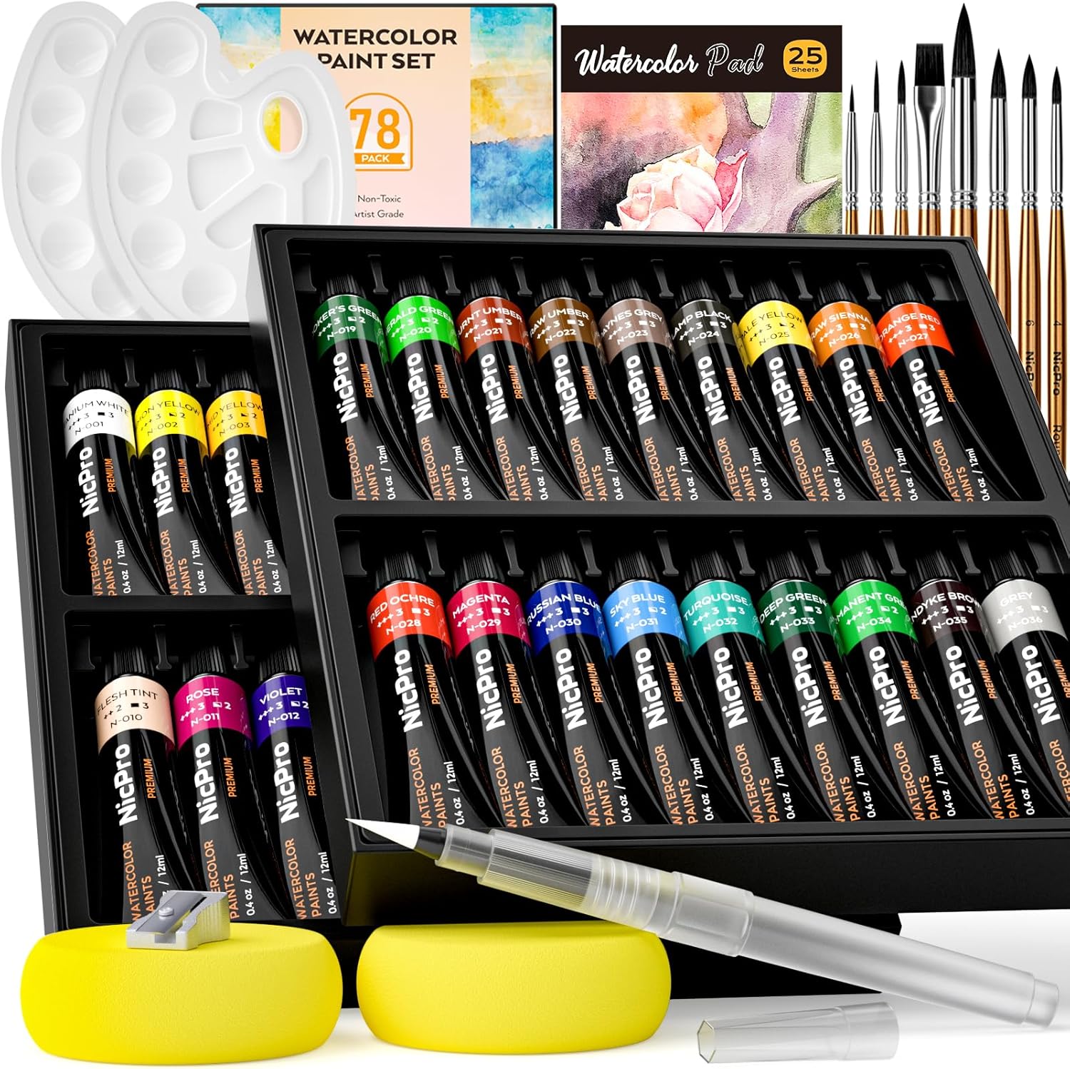 Nicpro Watercolor Paint Tubes Kit, 36 Colors Water Color Paint Set with 25 Watercolor Paper, 8 Squirrel Paint Brushes, Palettes, Watercolor Pen, Art Painting Supplies For Adult Kids Artist Beginner