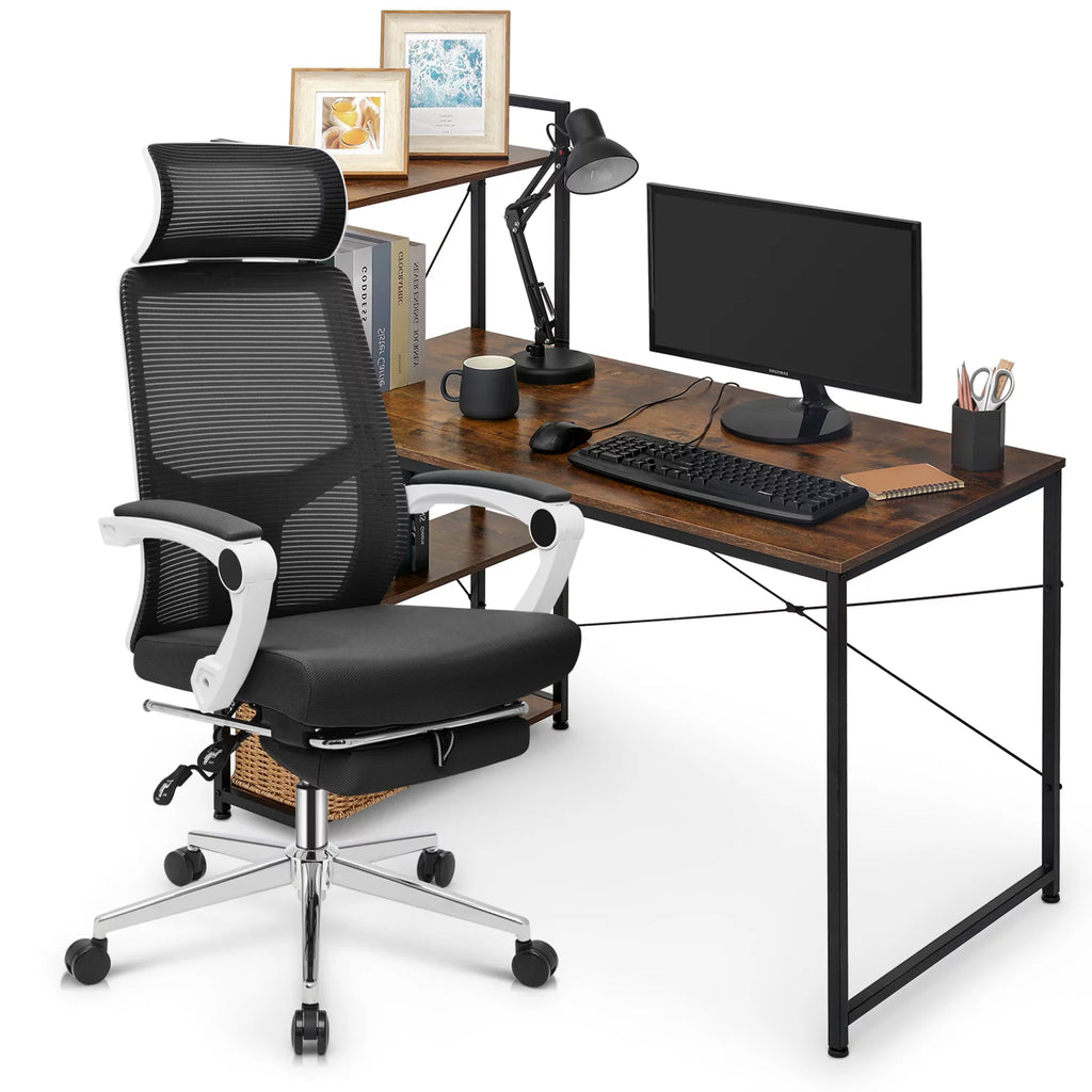 MoNiBloom Computer Desk & Chair Set, Ergonomic High Back Chair and Study Writing Table with Display Bookshelf, Black