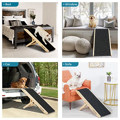 Wooden Folding Pet Ramp for Small to Medium Dogs and Cats, 4-Level Adjustable, Non-Slip Carpet Surface H230