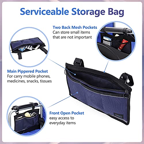 NEPPT Wheelchair Bag Walker Pouch with Phone Holder for Armrest, Dark Blue G339